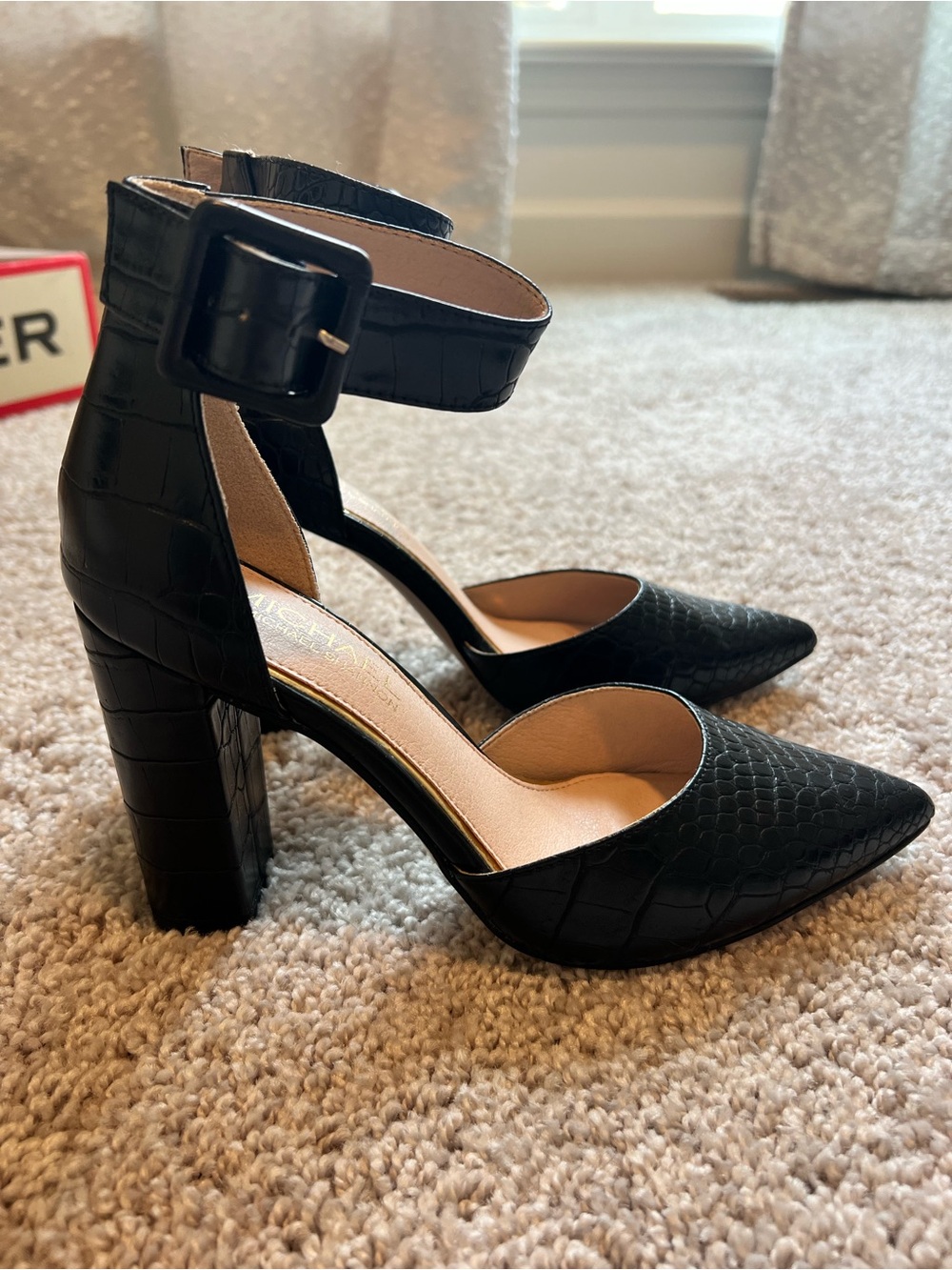 Michaels Black Croc-Embossed Pointed Toe Block Heel Ankle Strap Pumps